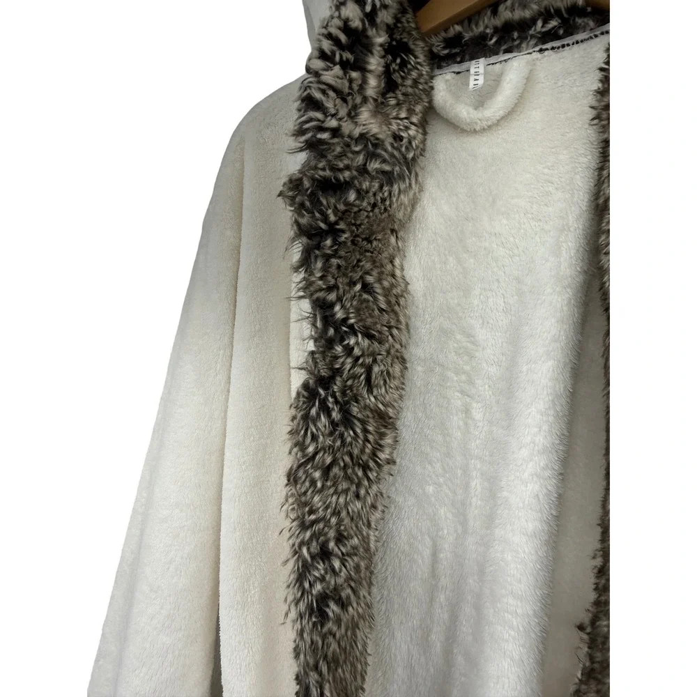 Pottery Barn Ivory Faux Fur Trim Hooded Plush Robe Extra Large XL Bathrobe - Picture 5 of 7